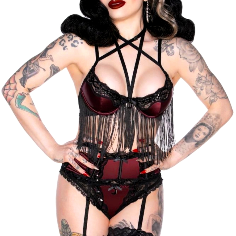 Killstar She's Poison Wine Red Strappy Cage Lace Fringe Bra 2XL XXL Goth…